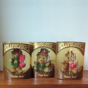 Three Vintage Hollybearie Christmas Ornaments Teddie Bear, Papa Bear, Toddie
